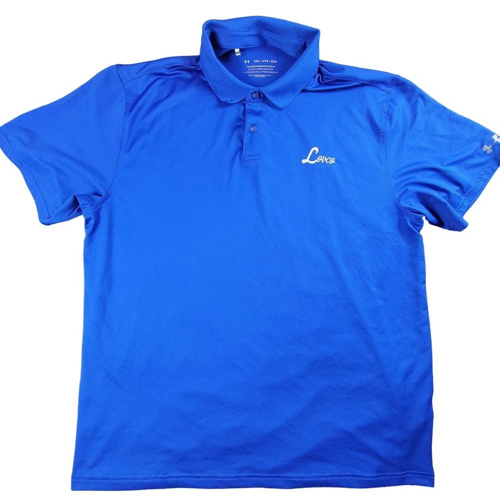 Under Armour Mens 2XL Blue Polo Shirt Lovco Logo The Performance Polo Short Slee